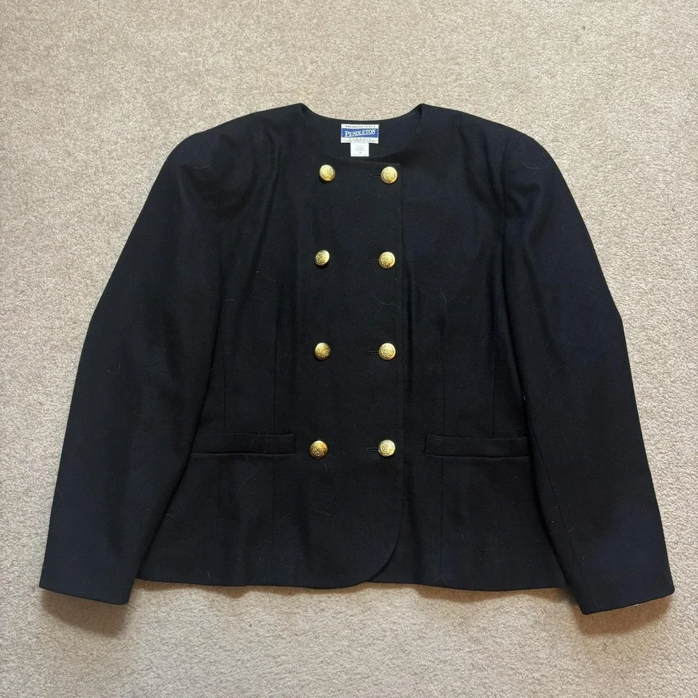 Vtg Pendleton Blazer Jacket Womens 14 Black Wool Nautical Gold Button USA 80s - Picture 1 of 9